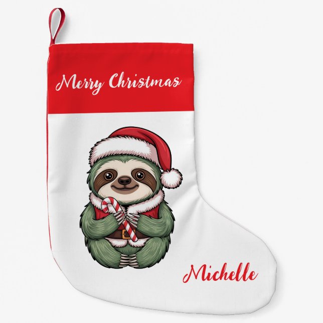 Personalized Cute Sloth Santa Hat Holiday          Small Christmas Stocking (Front)