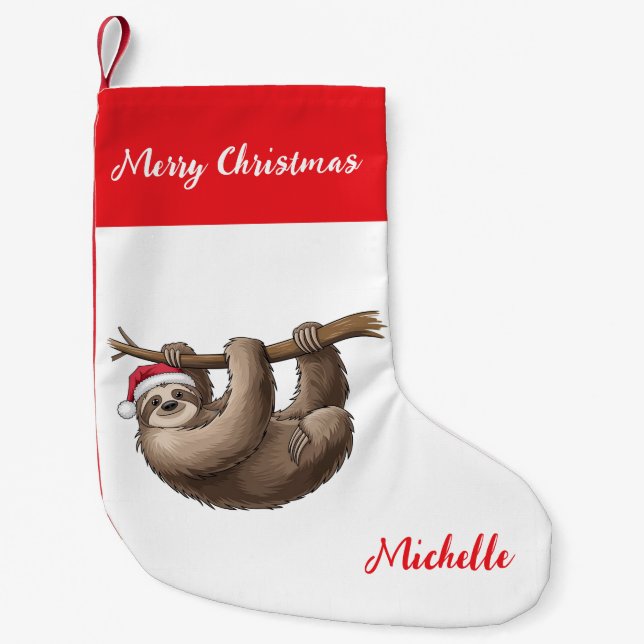 Personalized Cute Sloth Santa Hat Holiday          Small Christmas Stocking (Front)