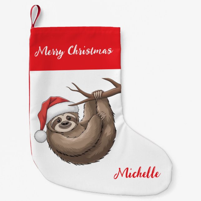 Personalized Cute Sloth Santa Hat Holiday          Small Christmas Stocking (Front)
