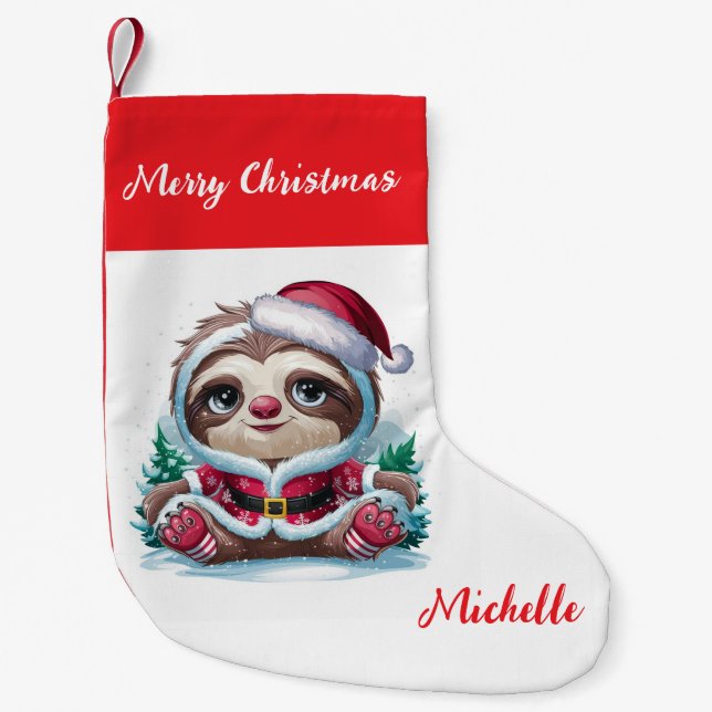 Personalized Cute Sloth Santa Hat Holiday          Small Christmas Stocking (Front)