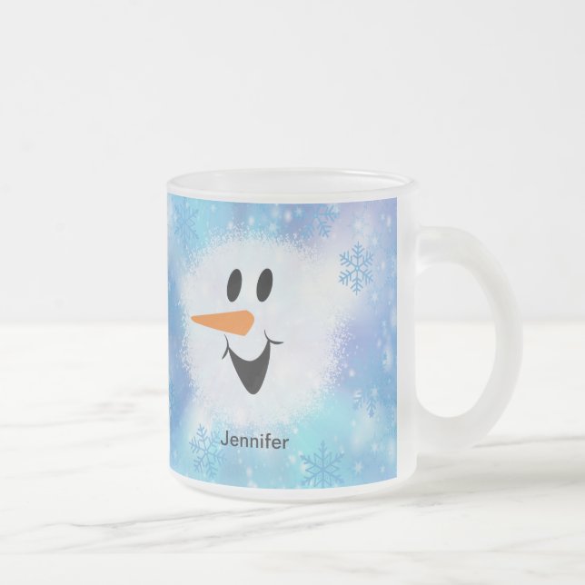 Personalized Cute Snowman Frosted Glass Coffee Mug (Right)