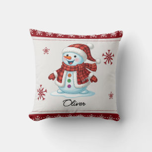 Personalized Cute Snowman Red Plaid Kids Christmas Cushion