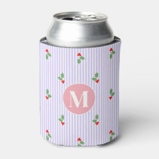 Personalized Cute Striped Holiday Christmas Holly  Can Cooler