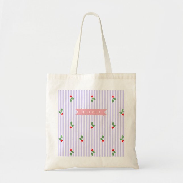 Personalized Cute Striped Holiday Christmas Holly  Tote Bag (Front)