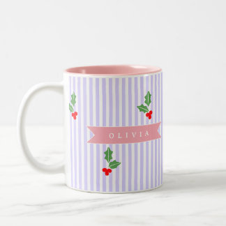 Personalized Cute Striped Holiday Christmas Holly  Two-Tone Coffee Mug