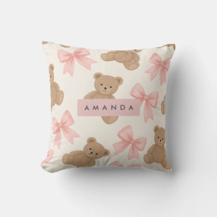 Personalized Cute Teddy Bear and Pink Bow Pattern Cushion