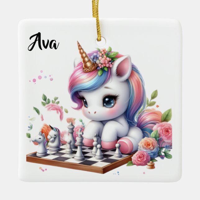 Personalized Cute Unicorn/Little Kid playing chess Ceramic Ornament (Front)