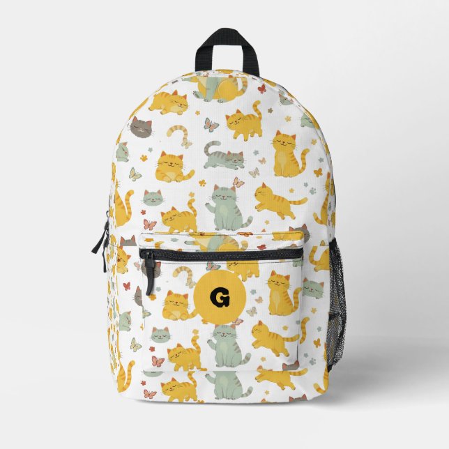 Personalized Cute Watercolor Cats & Butterflies Ki Printed Backpack (Front)