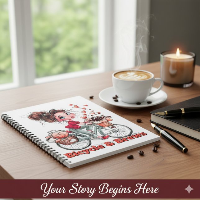 Personalized Cute Watercolor Girl Bicycle & Brews  Notebook (Creator Uploaded)