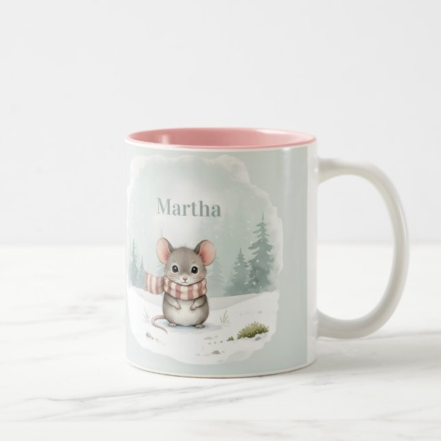 Personalized Cute Watercolor Mouse Winter  Two-Tone Coffee Mug (Right)