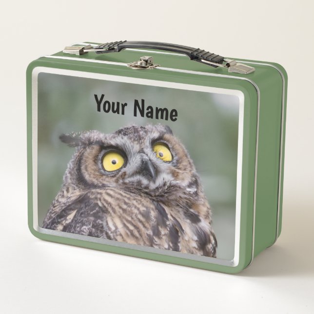 Personalized Cute Wide-Eyed Owl Metal Lunch Box (Front)