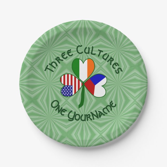 Personalized Czechia Ireland USA Shamrock Party Paper Plate (Front)
