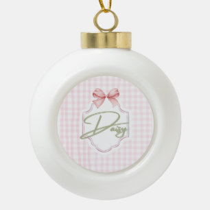 Personalized Daisy Baby Girl Nursery Bow&Gingham Ceramic Ball Christmas Ornament
