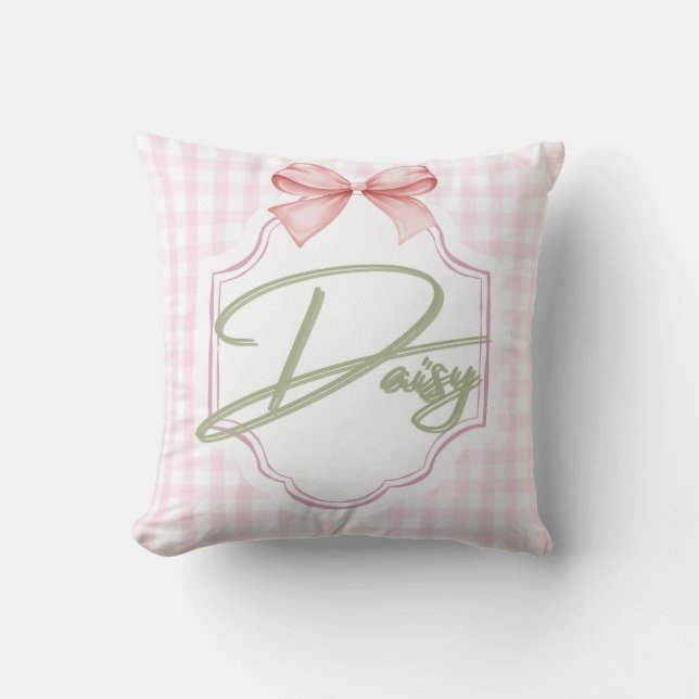Personalized Daisy Baby Girl Nursery Bow&Gingham Cushion (Front)