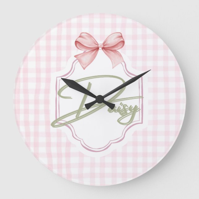 Personalized Daisy Baby Girl Nursery Bow&Gingham Large Clock (Front)