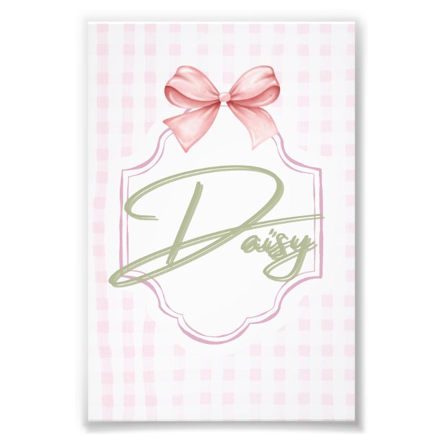 Personalized Daisy Baby Girl Nursery Bow&Gingham Photo Print (Front)