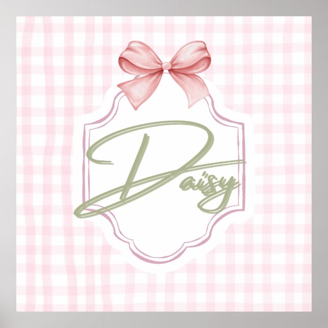 Personalized Daisy Baby Girl Nursery Bow&Gingham Poster (Front)