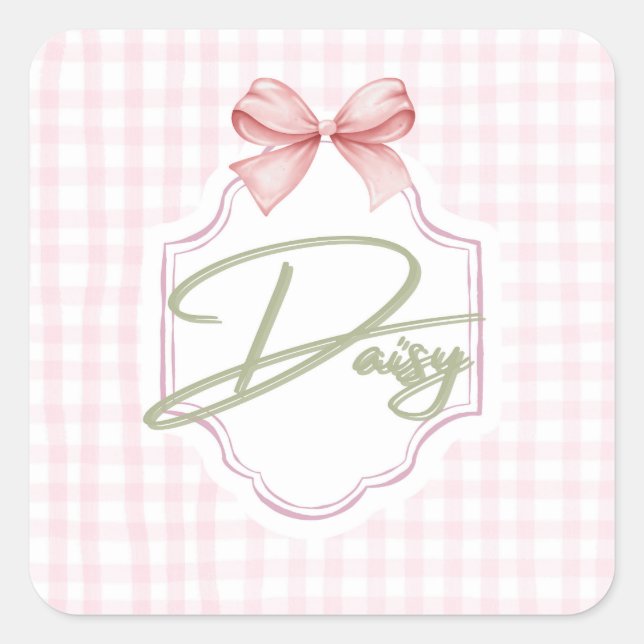 Personalized Daisy Baby Girl Nursery Bow&Gingham Square Sticker (Front)