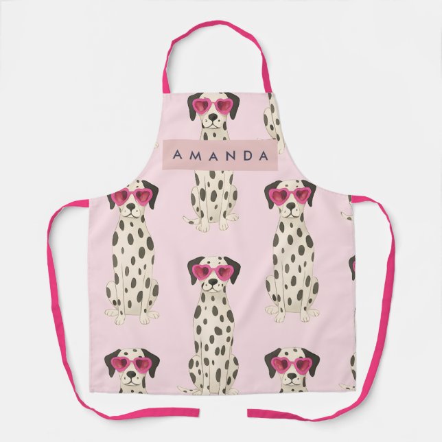 Personalized Dalmatian Dog with Pink Heart Glasses Apron (Front)