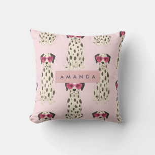 Personalized Dalmatian Dog with Pink Heart Glasses Cushion
