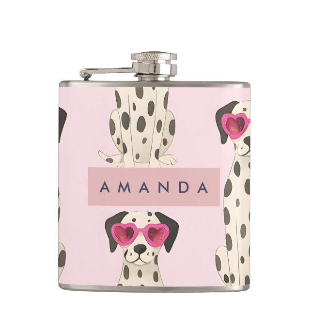 Personalized Dalmatian Dog with Pink Heart Glasses Hip Flask (Front)