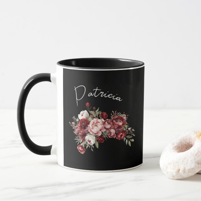 Personalized Dark Floral Name Mug (With Donut)