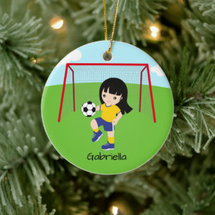 Personalized Dark Haired Soccer Girl Christmas Ceramic Tree Decoration