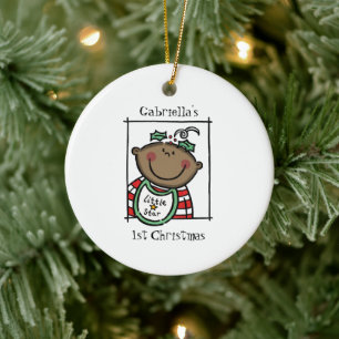 Personalized Dark Skin Tone Baby Face Baby's 1st Ceramic Tree Decoration
