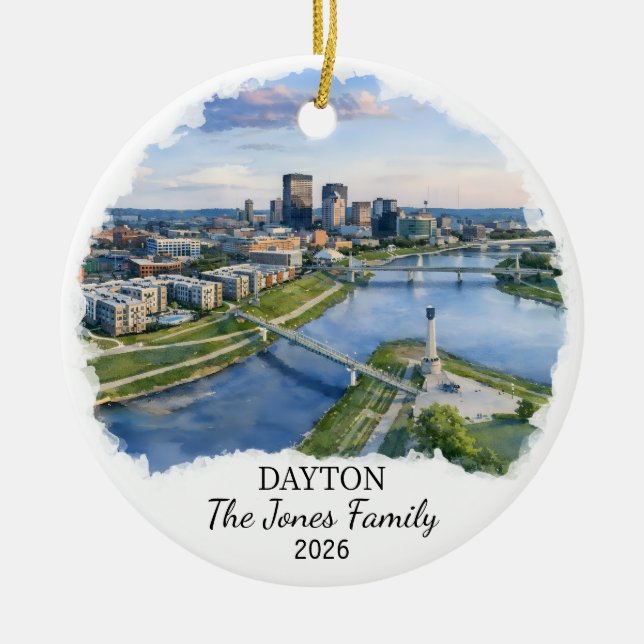 Personalized Dayton Ornament, Custom Ohio State Ceramic Tree Decoration (Front)