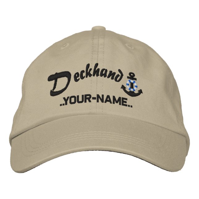 Personalized Deckhand Lifesaver Anchor Name Black Embroidered Hat (Front)