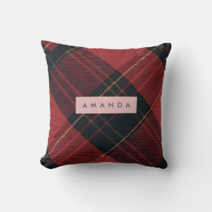 Personalized Deep Red and Black Tartan Plaid Cushion