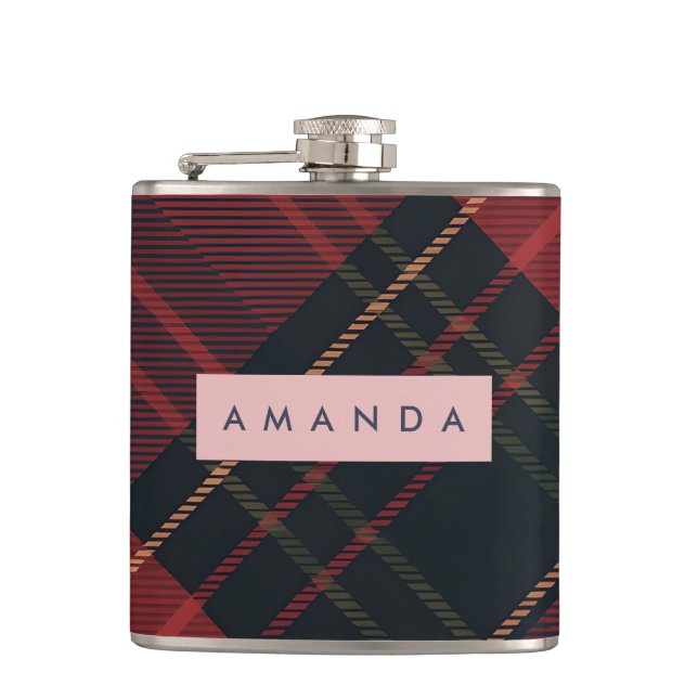 Personalized Deep Red and Black Tartan Plaid Hip Flask (Front)