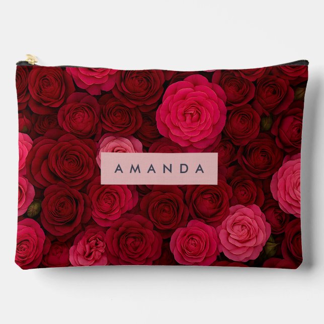 Personalized Deep Red & Pink Rose Garden  Accessory Pouch (Front)