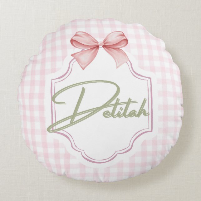 Personalized Delilah Baby Girl Nursery Gingham  Round Cushion (Front)