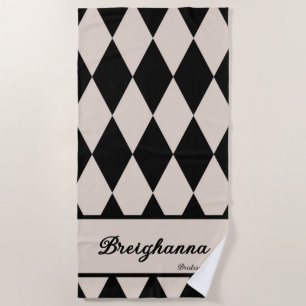 Personalized Diamond Checkered Black + Beige  Beach Towel