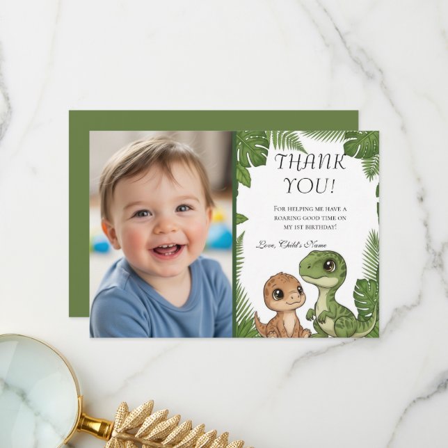 Personalized Dino 1st Birthday Photo Thank You Car (Front/Back In Situ)