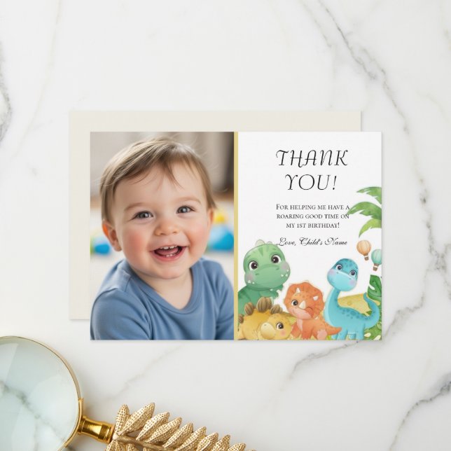 Personalized Dino 1st Birthday Thank You (Front/Back In Situ)