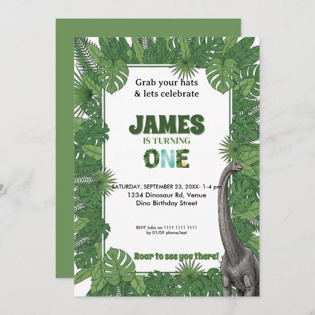 Personalized Dinosaur 1st Birthday Invitations (Front/Back)