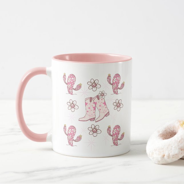Personalized Disco Cowgirl Boot and Cactus Coffee Mug (With Donut)