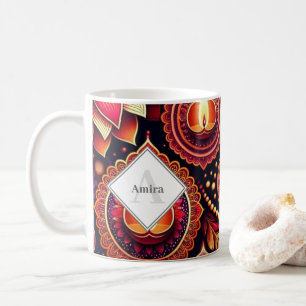 Personalized Diwali Purple and Red Rangoli & Diyas Coffee Mug