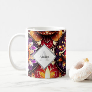 Personalized Diwali Red and Purple Diyas & Rangoli Coffee Mug