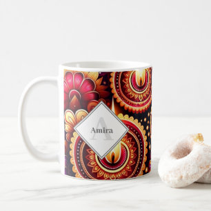 Personalized Diwali Red and Purple Rangoli & Diyas Coffee Mug