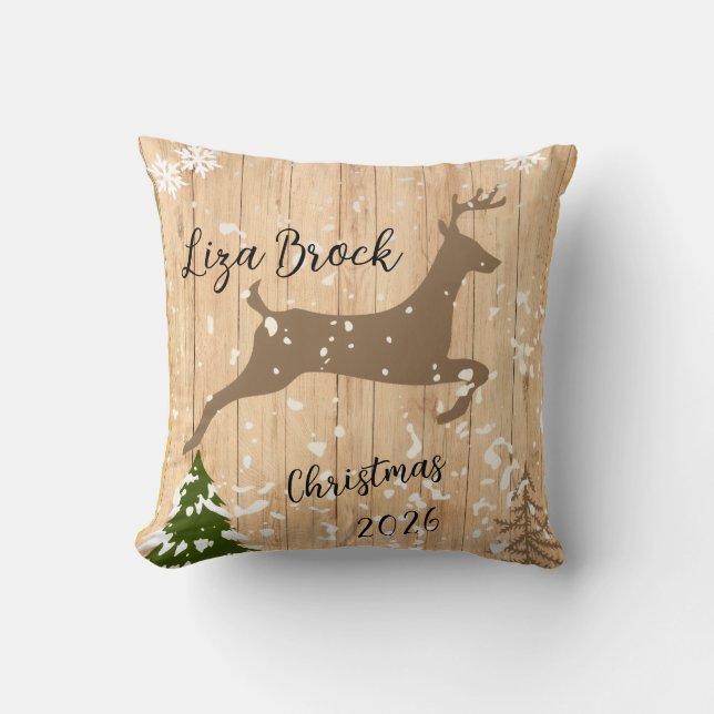 Personalized doe Christmas bauble wooden backgroun Cushion (Front)