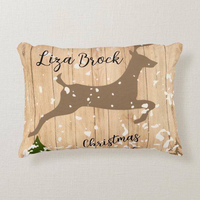 Personalized doe Christmas bauble wooden backgroun Decorative Cushion (Front)