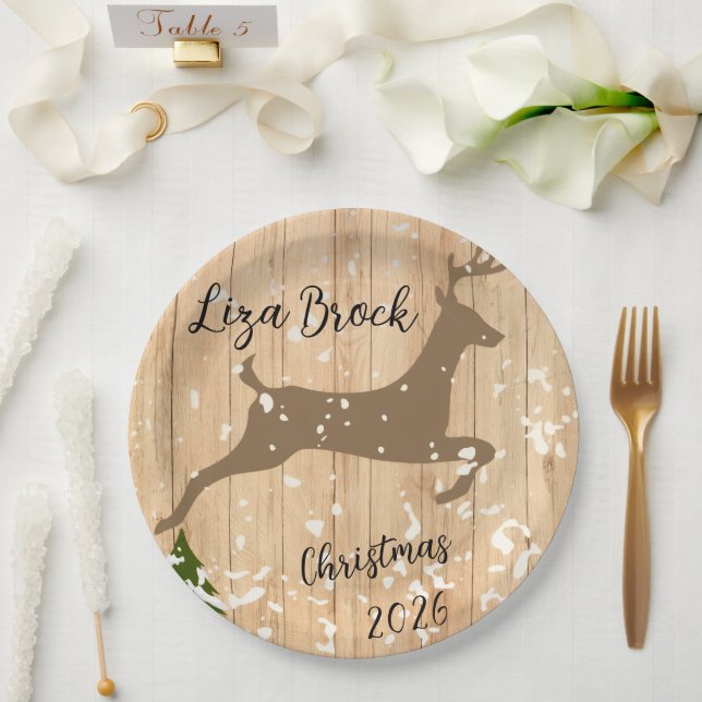 Personalized doe Christmas bauble wooden backgroun Paper Plate (Wedding)