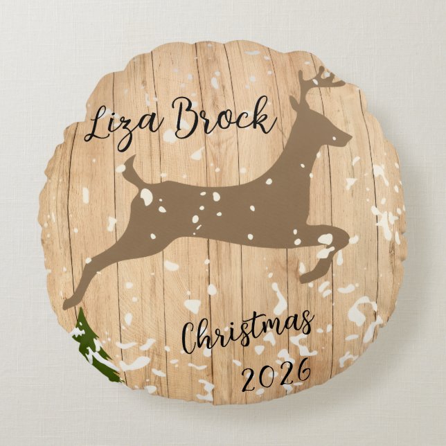 Personalized doe Christmas bauble wooden backgroun Round Cushion (Front)