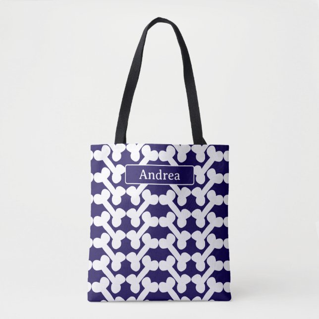 Personalized Dog Bone Pattern Navy White Modern  Tote Bag (Front)