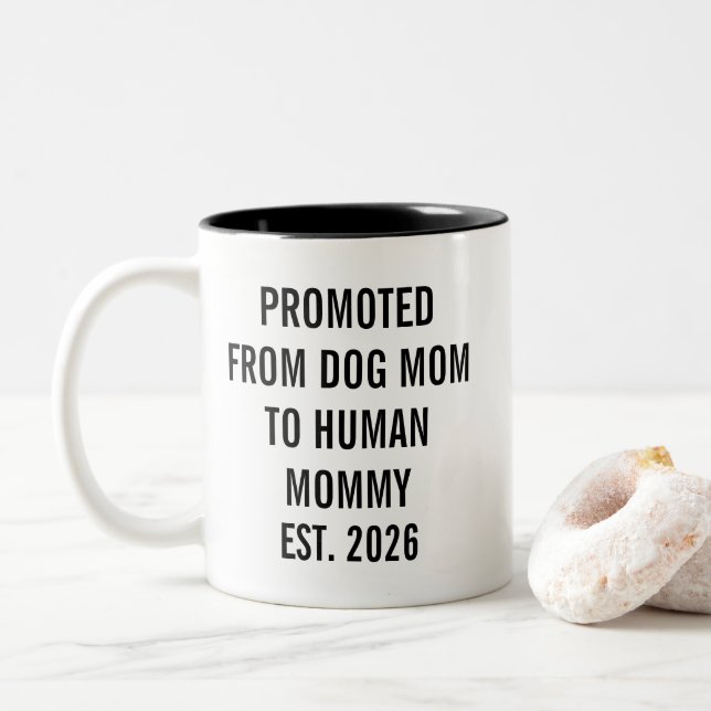 Personalized Dog Mom and Dad to Human Mommy Two-Tone Coffee Mug (With Donut)