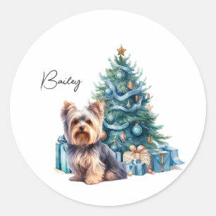 Personalized Dog Name Yorkie with Christmas Tree Classic Round Sticker