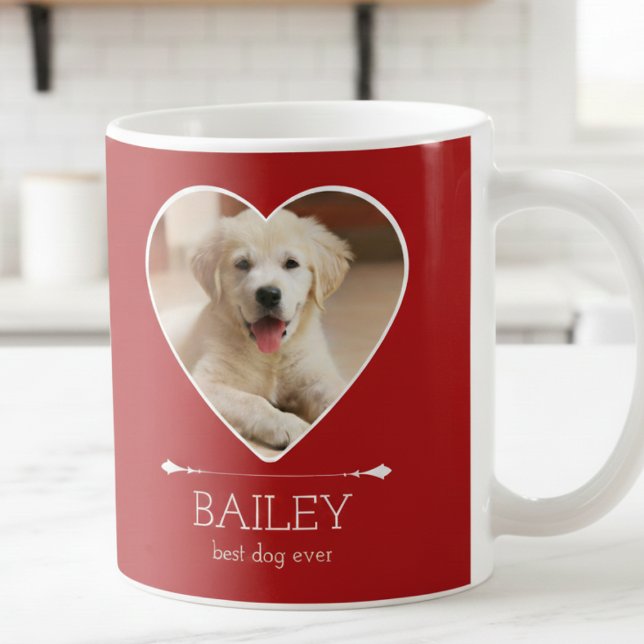 Personalized Dog Photo Coffee Mug (cute red best dog ever mug with custom puppy dog photo in heart frame, gift for dog parents )